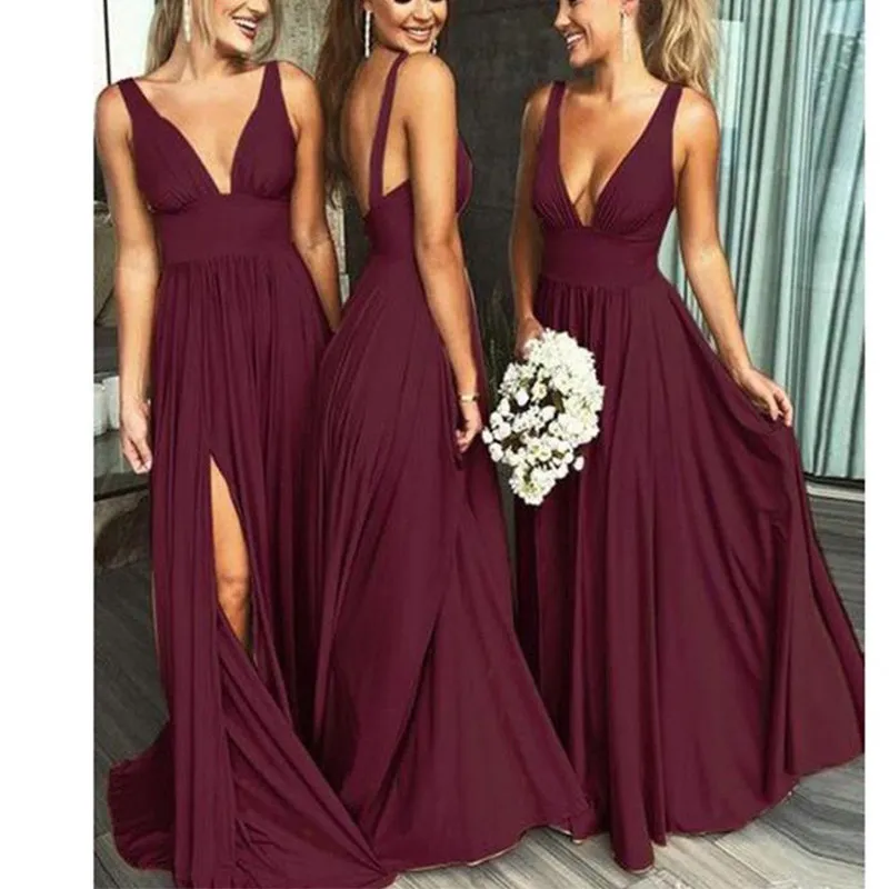 Burgundy Bridesmaid Dresses A Line Spandex Backless Sexy Split Deep V Neck Prom Evening Dresses Formal Party Gown BM0141