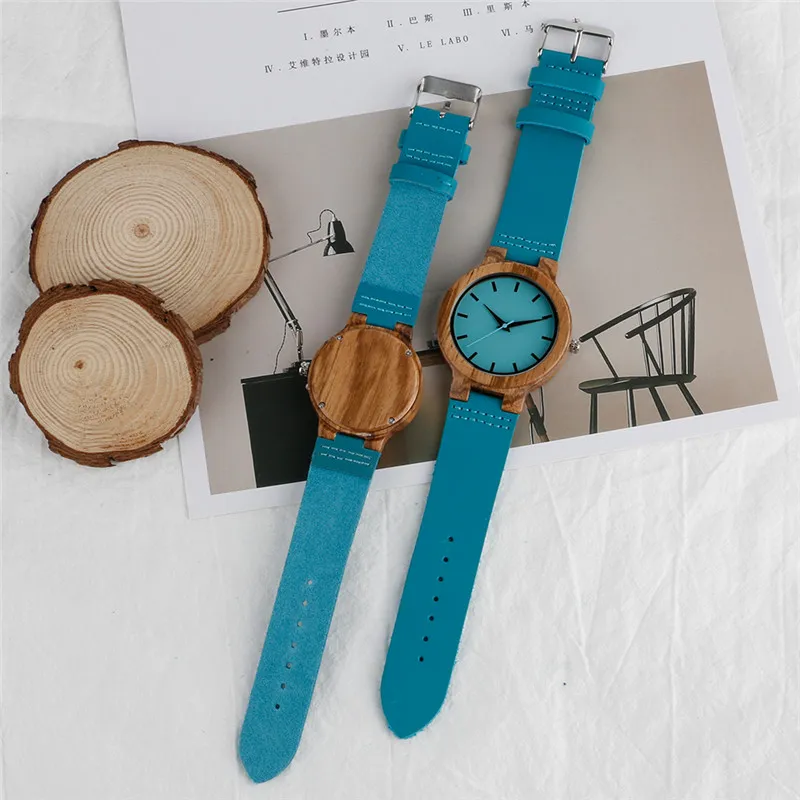 Montre de luxe en bois bleu royal, montre-bracelet à quartz, horloge en bambou 100% naturel, bracelet en cuir décontracté, cadeaux de la Saint-Valentin pour Me2380