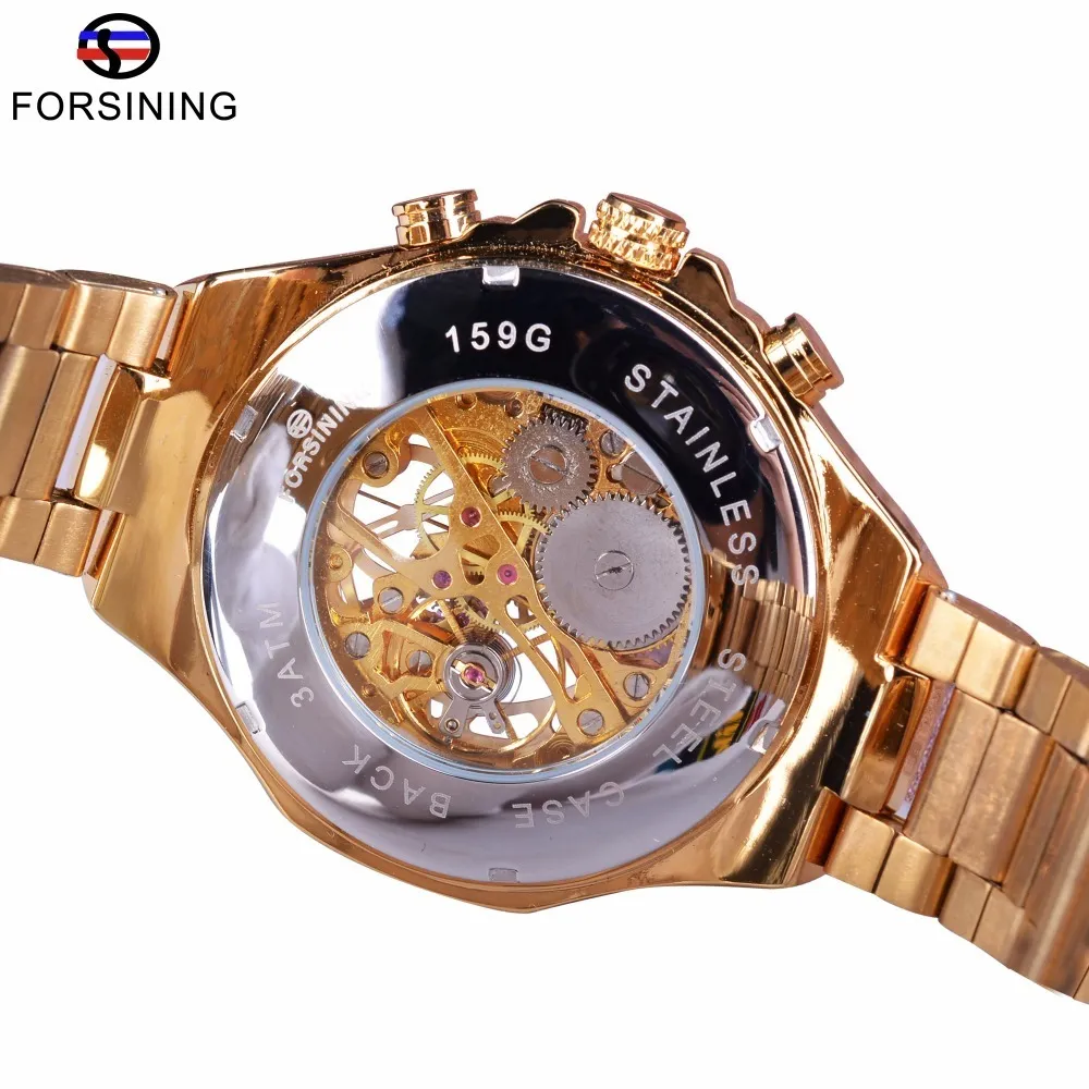 Forsining de la serie clásica de acero inoxidable Reloj de movimiento dorado transparente de los relojes de esqueleto mecánico