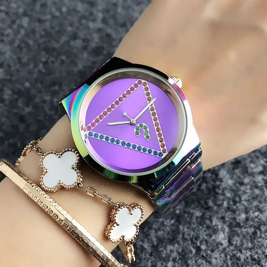 Brand Watch Women Girl Colorful Crystal Triangle Style Metal Steel Band Quartz Wrist Watches GS 13