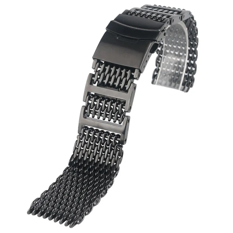 20 22 24mm Argento Nero Acciaio inossidabile Shark Mesh Solid Link Orologio da polso Cinturino di ricambio Cinturino pieghevole Chiusura220H