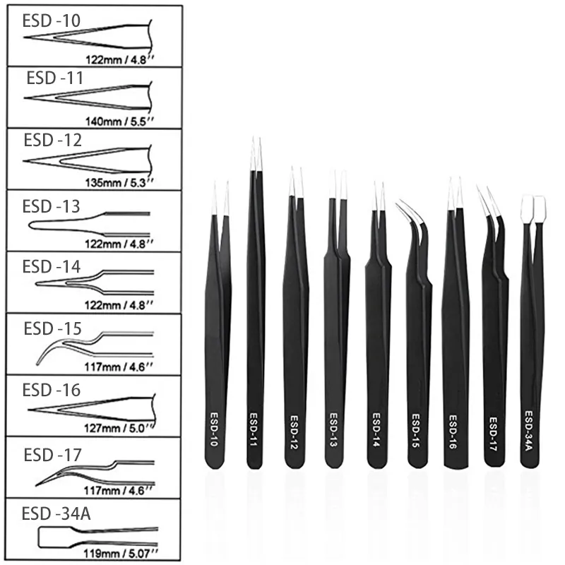 Pincettes antistatiques ESD en acier inoxydable, ensemble d'outils, pointe de haute précision, pincettes antistatiques droites incurvées, outil de réparation de pinces multifonctions 10 pièces/ensemble