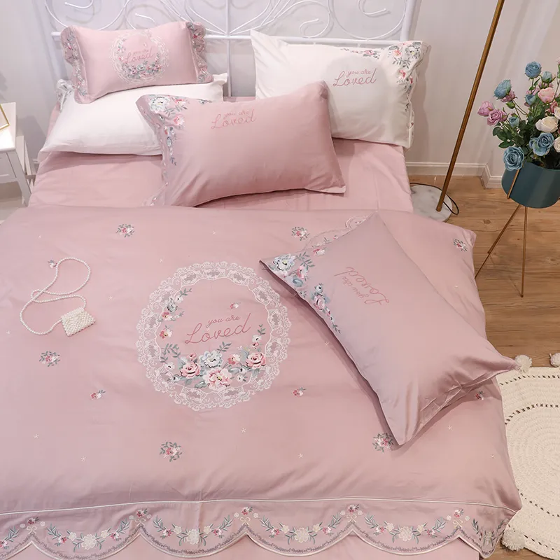 Prinsessa rosa bomull lyxiga sängkläder kung queen size pastoral broderi blomma vit mintgreen täcke täcker täcke bädd303a