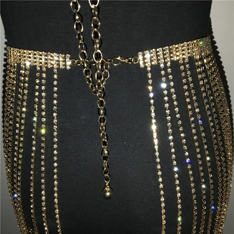 Europe exagérer paillettes strass longue gland taille ceinture jupe femmes Sexy cristal diamants réglable chaîne en métal boîte de nuit Mi9603730