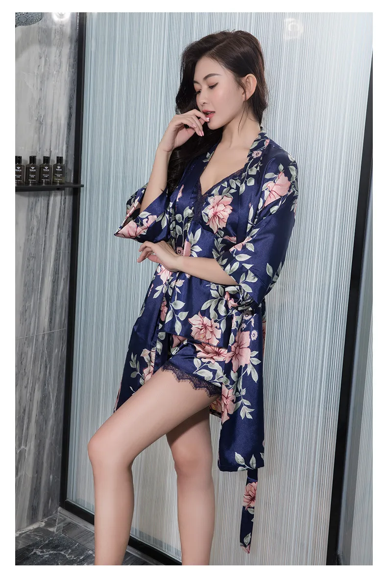 2020 Women Pajamas Sets Sleep Comfort Satin Sleepwear Lace Silk Camisole+Robe+Pants Pyjama Femme Home Suit