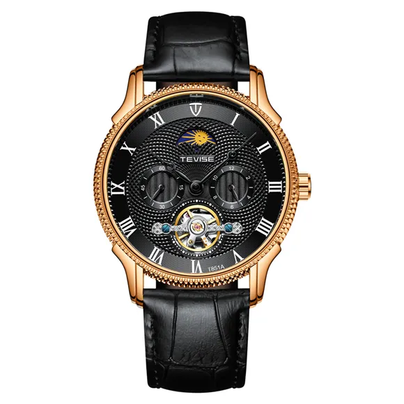 Top Brand Tevise Orologio da uomo nuovo Orologio meccanico automatico Fase lunare Tourbillon Orologio da polso sportivo Cinturino in pelle Relogio Masculino277j