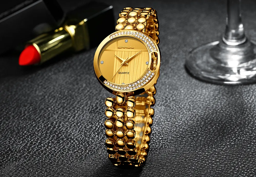 CRRJU New Fashion Women's Wrist Watches with Diamond Golden Watchband Top Luxury Brand Ladies Jewelry Bracelet Clock Female2037