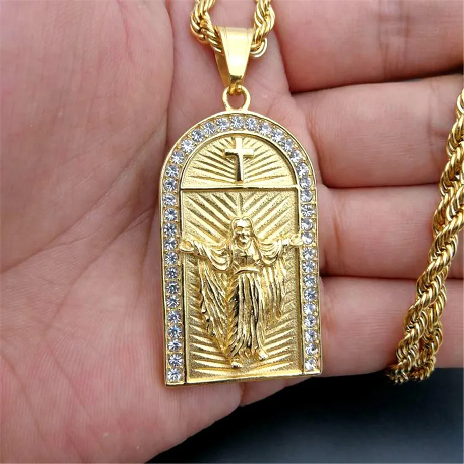 Hip Hop Iced Out Cross Jesus Colliers Pendants Gold Color Couleur Chaîne en acier inoxydable pour les femmes Bijoux chrétiens crucifix XL1224251O