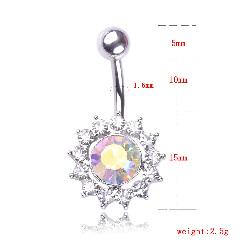 Sexig Wasit Belly Dance Crystal Body Jewelry Rostfritt stål Rhinestone Navel Bell Button Piercing Dingle Rings for Women Star Sun Flower