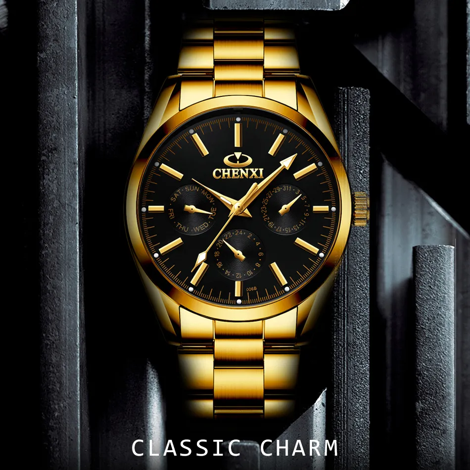 CHENXI Top marque de luxe montres hommes doré affaires décontracté Quartz montres homme étanche plein acier Relogio Masculino257u