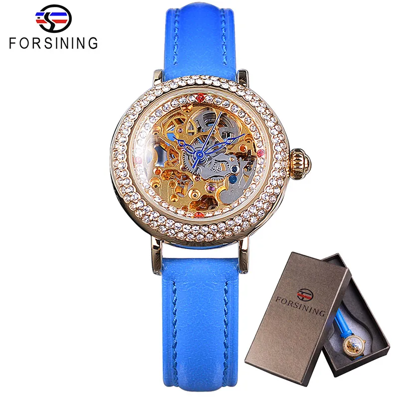 ForSining Fashion Blue Lady Diamond Gold Flower Movement Transparent Small Lady Women Mechanical Skeleton Watch Top Brand Luxury2739
