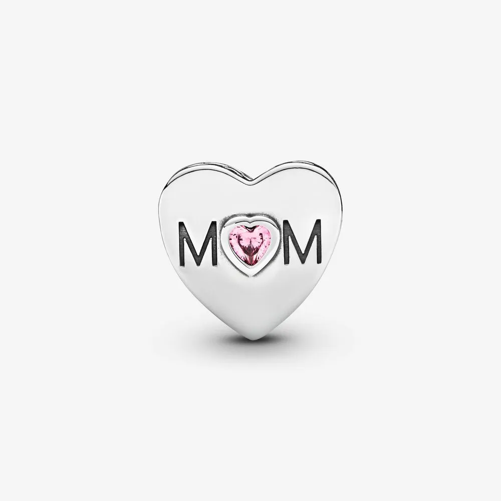 100% 925 Sterling Silver Pink Mom Heart Charms Fit Original European Charm Bracelet Fashion Women Wedding Engagement Jewelry Acces271j