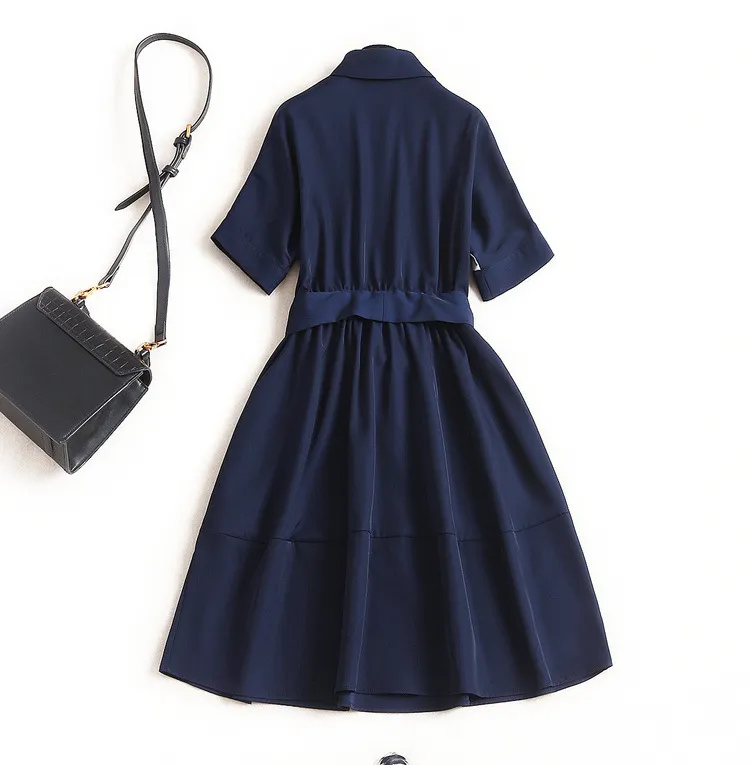 2020 лето 1/2 рукав ослабенший шеи синий контрастный цвет пояса щелевое платье для колена платье элегантные повседневные платья рубашки OJ2314233
