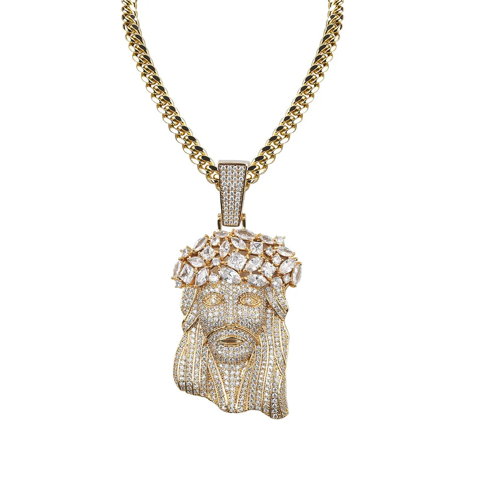Top Quality 18K Gold Cubic Zirconia Big Jesus Portrain Collier Pendant Iced Out CZ Cuban Chains Hip Hop Rappen bijoux de bijoux pour 274Y