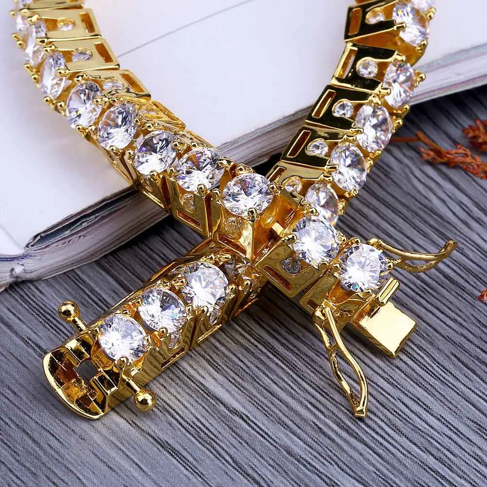 18K Gold and White Gold Plated Hip Hop Big Zircon Tennis Chain Bracelet Single Row Trapezoid Diamond Men's Cuban Chains Rappe214K