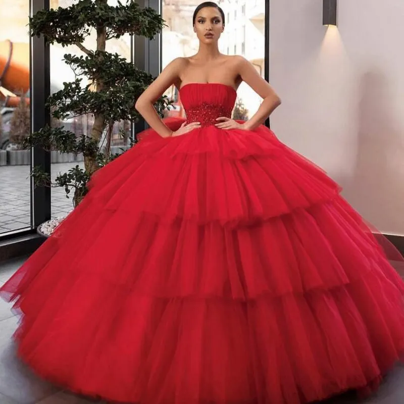 Robes De Quinceanera robe De bal rouge 2020 nouveau sans bretelles Tulle doux 16 robes robes fête d'anniversaire plis grande taille robes De 15240m