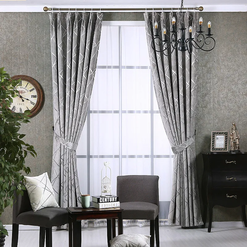 Cheniille Jacquard Gümüş Karartma Perdesi Yatak Odası İçin Modern Kör Kumaş Gri Drapes Oturma Odası Pencere Özel Boyutu300H