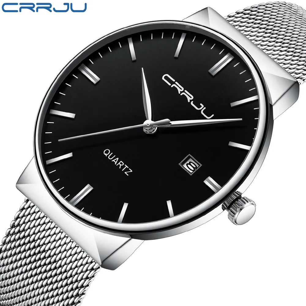 Crrju New Ultra-Thin Men Watches aço Mesh Mesh Strap Brand Quartz Os relógios de pulseira Moda Simples Watch Men Relogio Masculino240Q