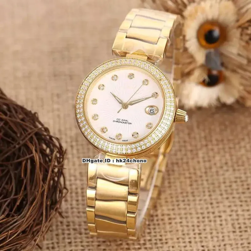 11 estilo ladymatic 34mm relógio de quartzo feminino diamantes moldura mostrador branco pulseira de aço inoxidável relógios femininos okom61b217c