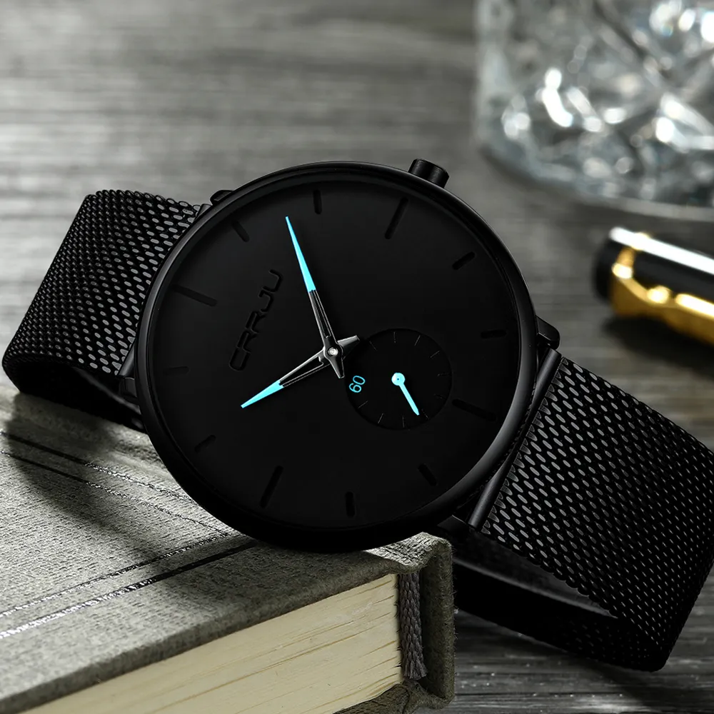 Crrju Top Brand Luxury Quartz Watch Men Casual Black Japan Quartz-Watch rostfritt stål Face Ultra Thin Clock Man Relogio New283R