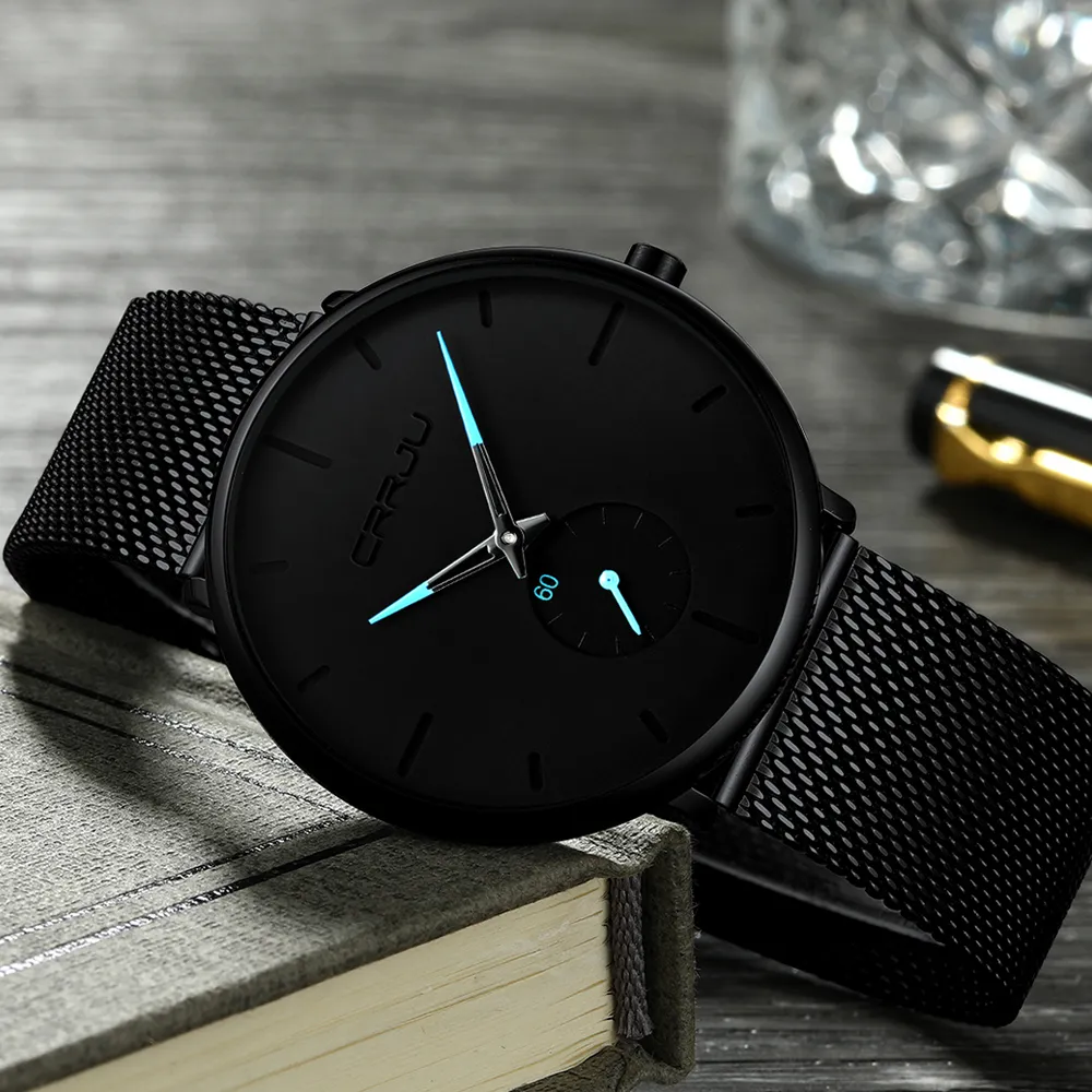 Crrju Top Brand Luxury Quartz Watch men Casual Black Japan quartz-watch stainless steel Face ultra thin clock male Relogio New293K