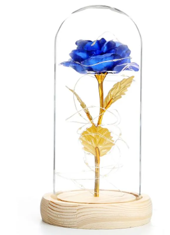 LED Galaxy Rose Flower Valentine's Day Gift Romantic Crystal Rose High Boron Glass Wood Base för flickvän Fru Party Decor299p