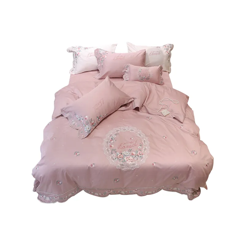 Prinsessa rosa bomull lyxiga sängkläder kung queen size pastoral broderi blomma vit mintgreen täcke täcker täcke bädd303a