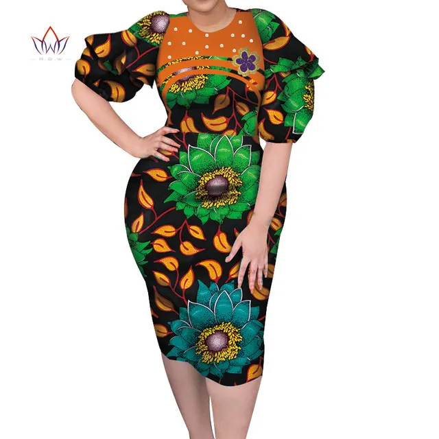 Afrikaanse vrouwen kleding dashiki bazin riche vrouwen jurk traditionele print peals jurken voor dame elegante jurk knielengte WY7244