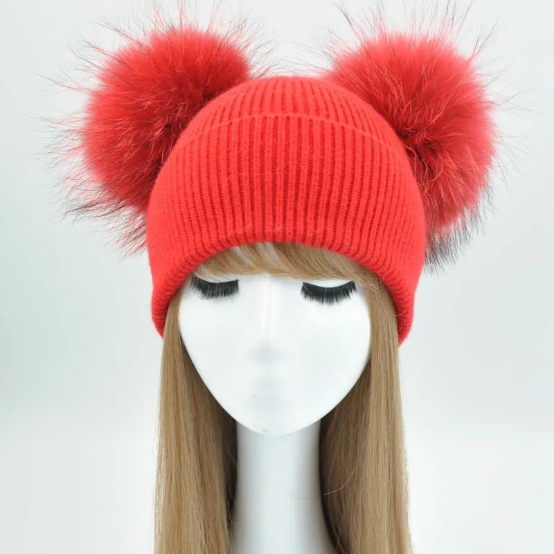 Fashion-Double Echtpelz Pom Pom Hut Frauen Winter Caps Gestrickte Wolle Hüte Skullies Beanies GFemale Natürliche Zwei Pelz PomPom Beanie Hat341w