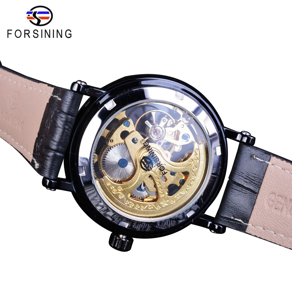 Forsining – montre rétro classique pour hommes, Design floral, noir et doré, bracelet en cuir véritable, résistant à l'eau, mécanique et automatique, Watc302t