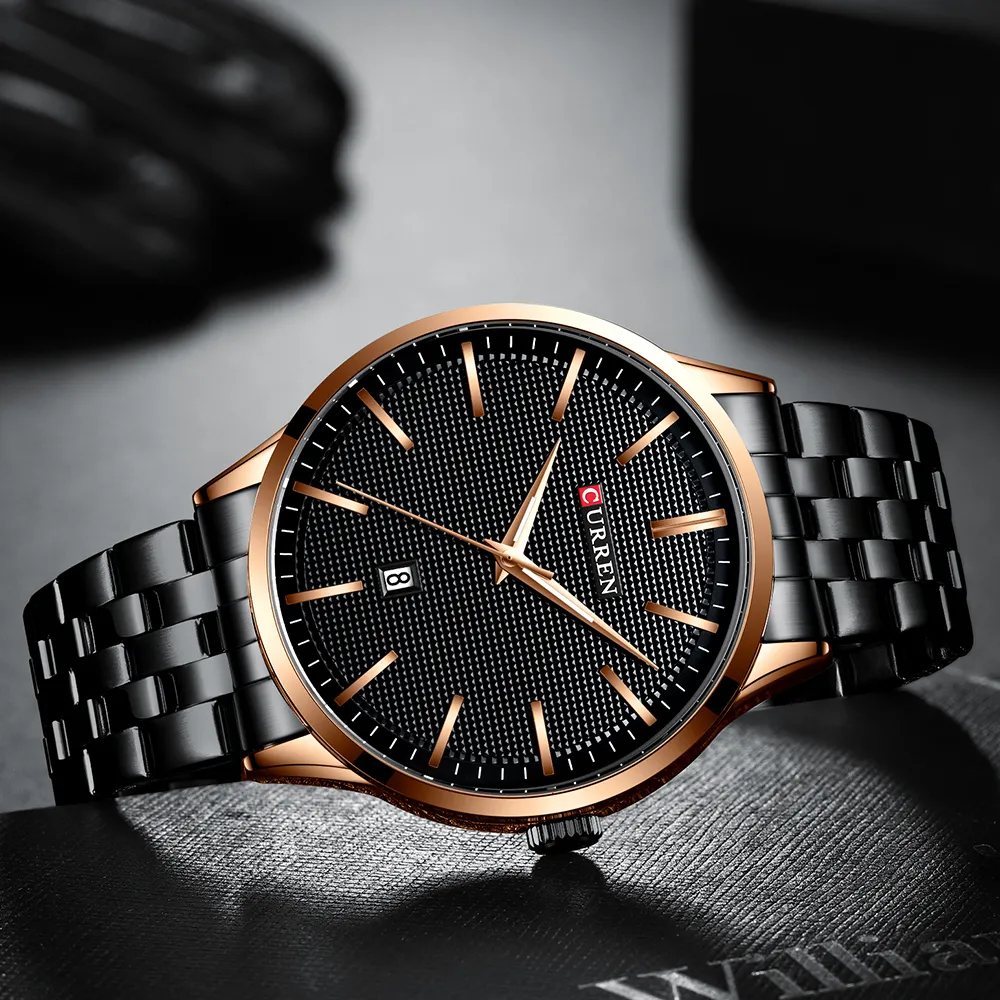 Se Man New Curren Brand Watches Fashion Business Wristwatch med Auto Date rostfritt stålklocka Herrens avslappnade stil reloj212t