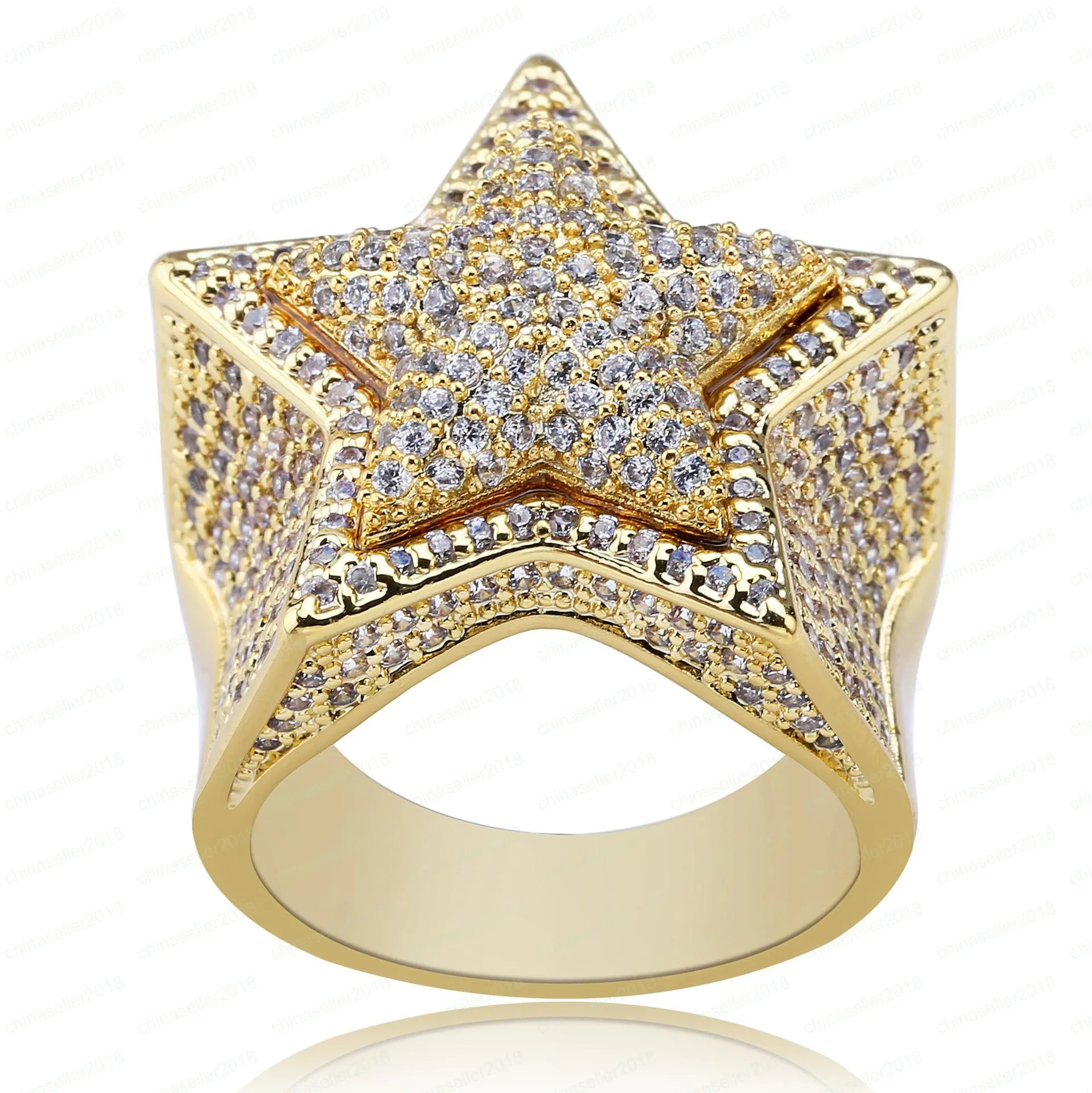 New Designer Luxury 18K Gold White CZ Zirconia Pentagram Ring 2020 Full Diamond Iced Out Hip Hop Jewelry Gifts for Men & Women Rin253d