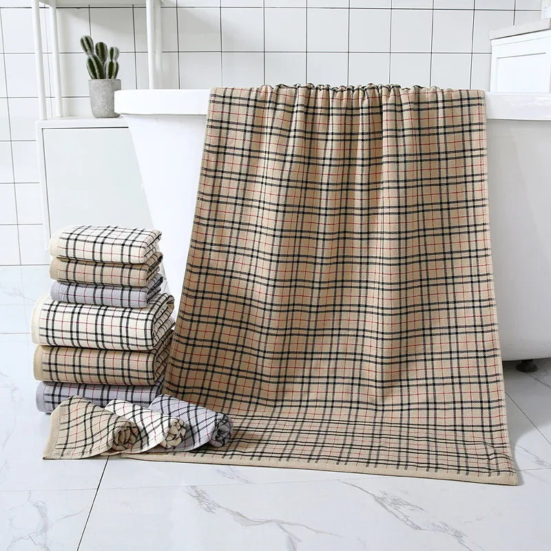 Simple Lattice Soft Absorbent Thick Cotton Towel Bath Towel Set of Three292L