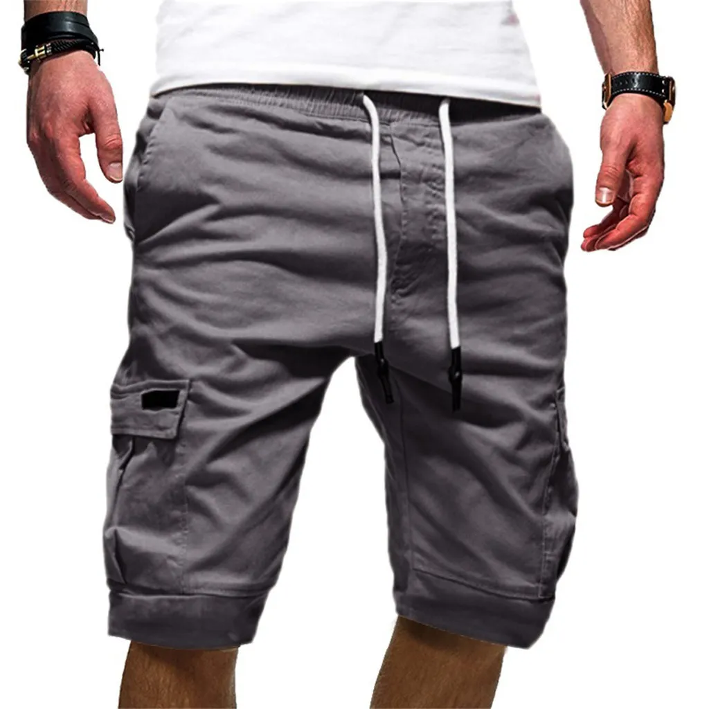 Casual Solid Genou Longueur Joggers Poches Shorts Hommes Vêtements Cordon Pantalon De Survêtement Court Pantalon Corto Hombre Chort Homme 1 # Y19050702