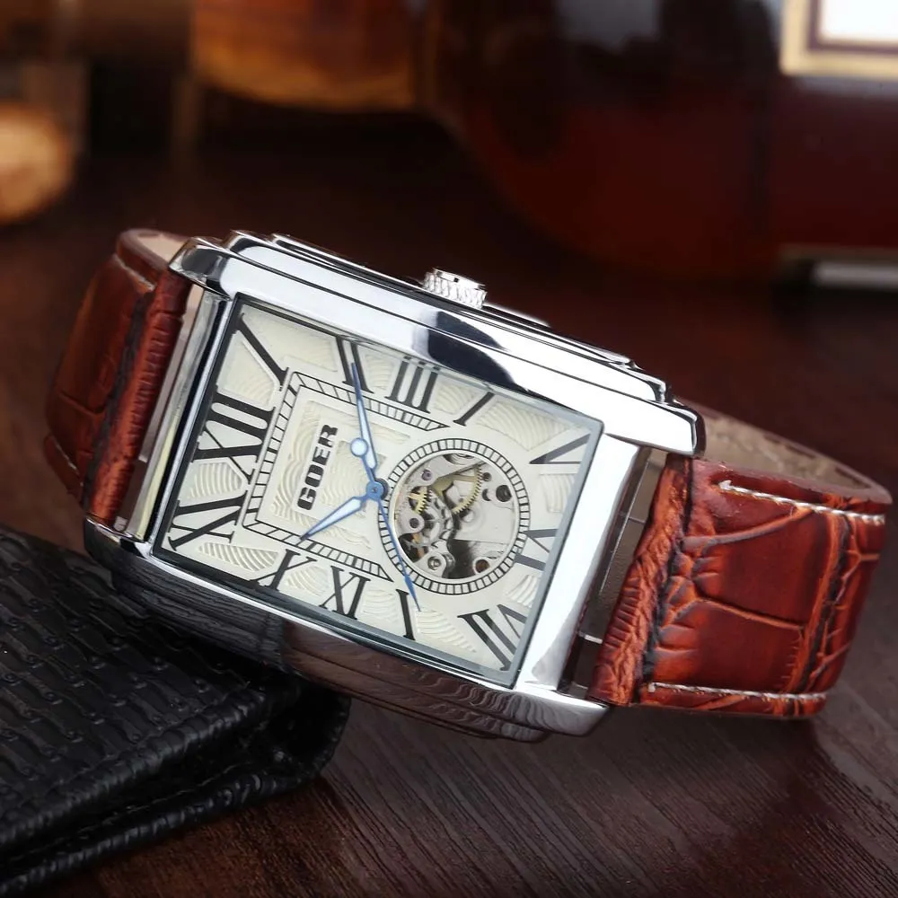 Goer relogio masculino marca superior de luxo esqueleto relógios masculino pulseira couro retângulo relógios de pulso mecânicos automáticos para homem j19227o