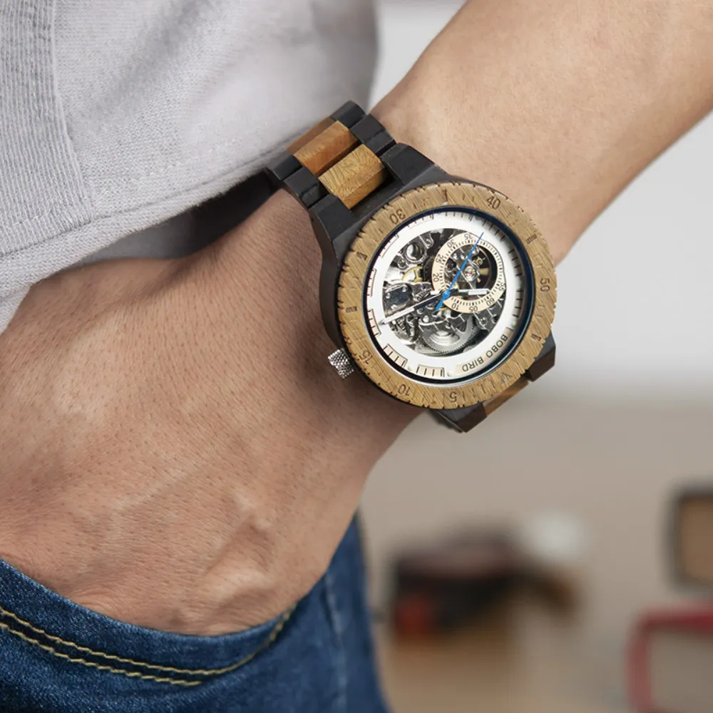 Relogio Maschulino Bobo Bird Mechanical Watch Men Wood Wristwatch اسم مخصص تلقائي لأبي مربع الهدايا الخشبية Y200414213Z