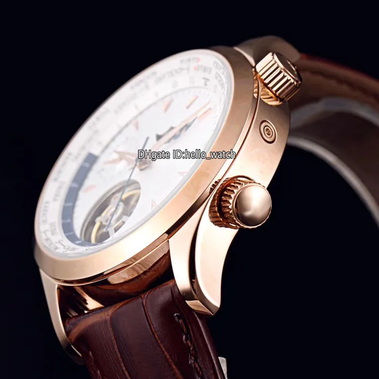 Ny 42mm Master Control World Geographic Q1522420 Vit Dial Automatic Mens Watch Moon Phase Tourbillon Rose Gold Case Läder STR224P