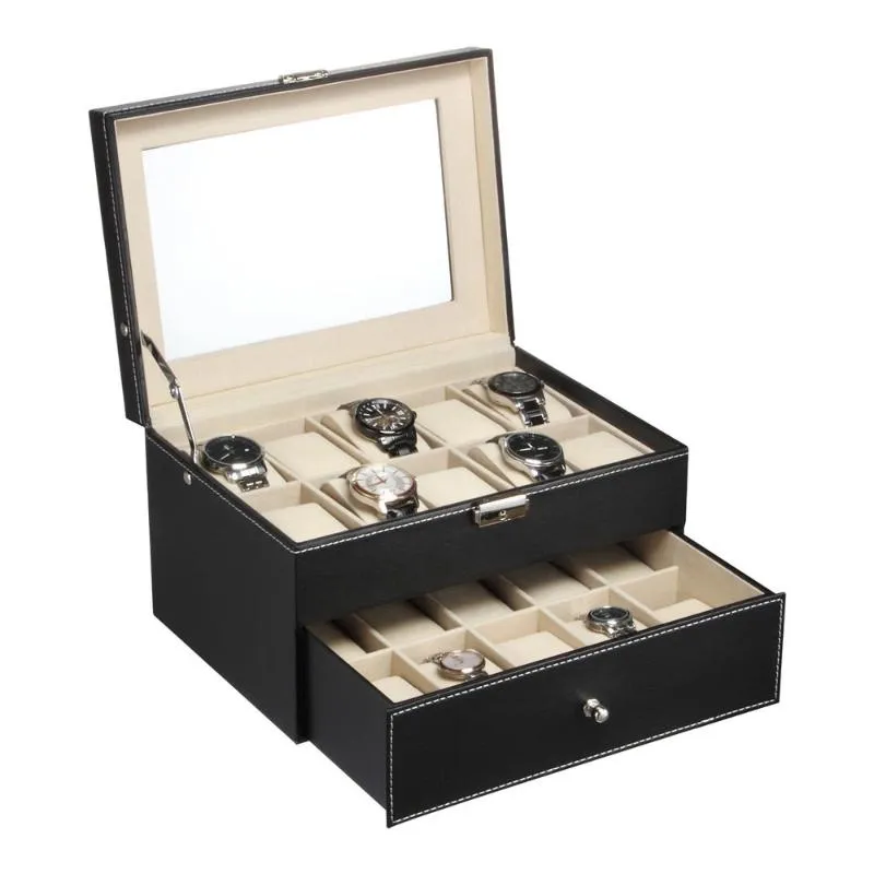 20 rutnät pu läder klocka lådan professionell innehavare arrangör för klockklockor smycken lagringslådor fall display288u