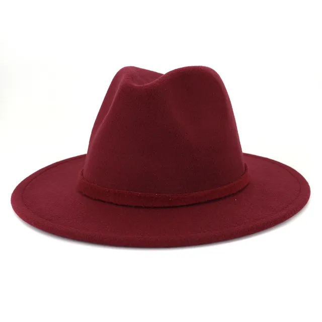Tan Burgundy Patchwork Faux Wool Feel Jazz Fedora Hats z filcowym zespołem Women Men Men Flat Brim Trilby Cap Party Hat1371979