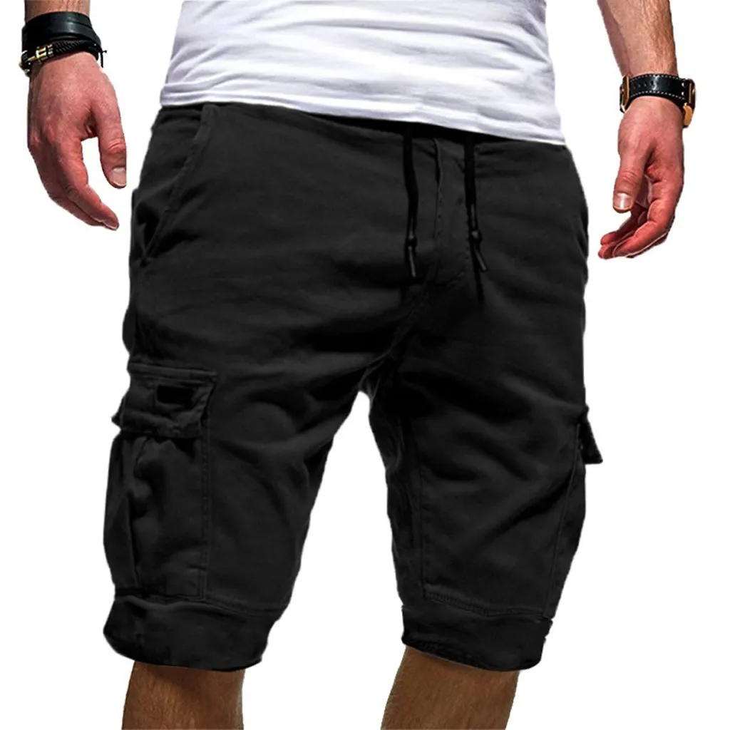 Casual Solid Genou Longueur Joggers Poches Shorts Hommes Vêtements Cordon Pantalon De Survêtement Court Pantalon Corto Hombre Chort Homme 1 # Y19050702