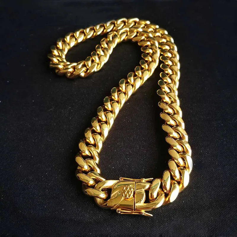 Verkliga guldfyllda män kubansk kedjehalsband rostfritt stål smycken hög polerad hiphop trottoarklänk dubbel säkerhet lås 5 8 10 12 14239t