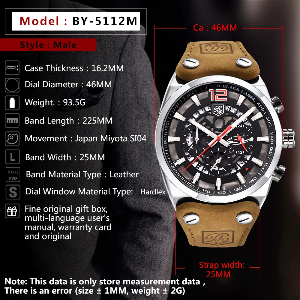 Benyar Chronograph Sport Mens Watches Fashion Brand Military Waterproof Leather Strap Quartz Watch Clock LeLogio Masculino234W