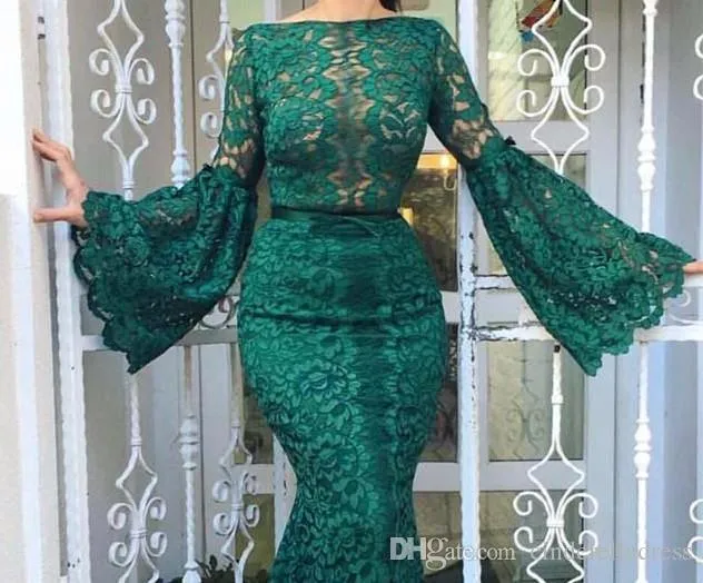 2020 Modest Verde Scuro Bateau Neck Piena Del Merletto Della Sirena Abiti da Sera Manica Lunga Abito di Promenade Delle Donne Vestito Convenzionale Vestido De Festa326U