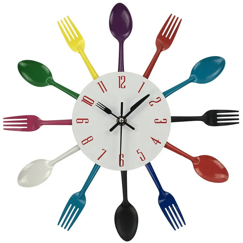 تصميم جديد Creative Wall Clock Multicolor Home Decoration Cetlery Catlery Otensil Spoon Fork Clock Clock Clock Decor