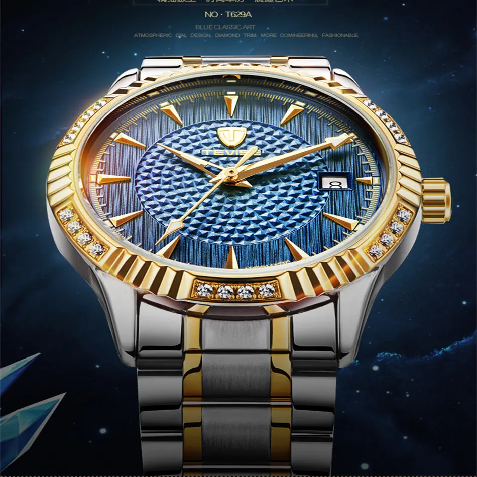 Marca superior tevise ouro automático masculino relógios mecânicos torbillon à prova dwaterproof água negócios ouro pulso watch335t