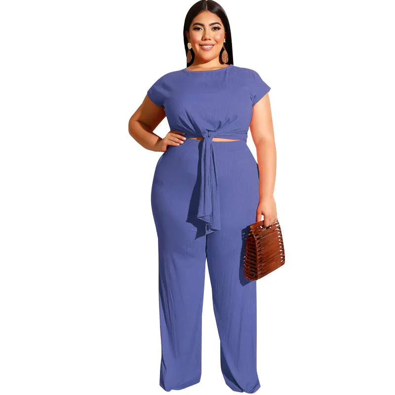 En gros Plus La Taille Survêtements Pantalon Large Jambe Costumes D'été Mode Bandage Tops Pantalon Droit 2 Pièce Ensemble Casual Femmes Vêtements K1815