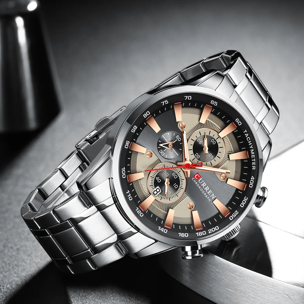 Curren Watch Men's Wristwatch med rostfritt stål Band Fashion Quartz Clock Chronograph Luminous Points Unique Sports Watc283w