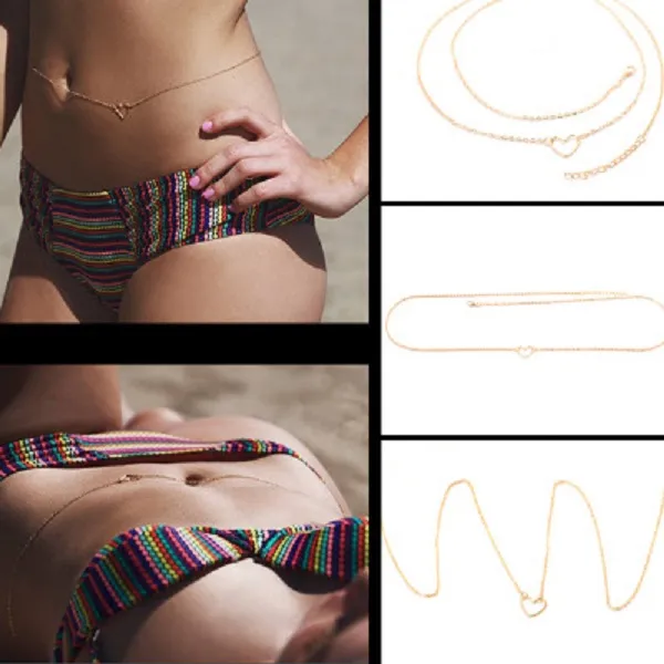 Chaîne de taille en forme de cœur de pêche pour femmes, plaqué or, Sexy, chaîne de ventre, bijoux de plage à la mode, Bikini pour femmes