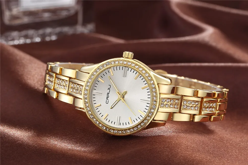 Crrju relógio de marca superior relógio de quartzo strass relógios de pulso à prova dwaterproof água relógio feminino relógios de luxo relogios femininos fo2371