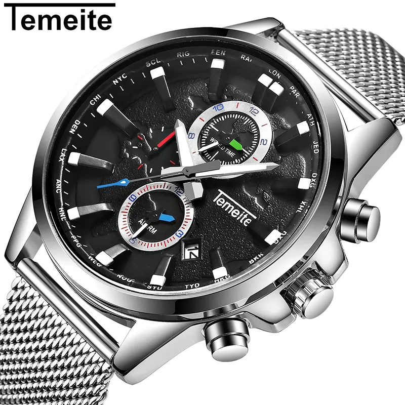 Temeite New Original Men's Watches Top Brand Sport Business Watch Men Clock Date Mesh Strap Wristwatches Male Relogio3188